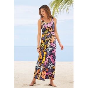 Soft Surroundings Women's Joylyn Cinched‎ Waist Palm Leaf Print Maxi Dress - PXS